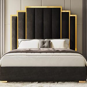 HOWE Queen Size Bed Frame and 61" Headboard, Upholstered Bed with Golden Plating Trim, Modern Platform Bed No Box Spring Needed, Black