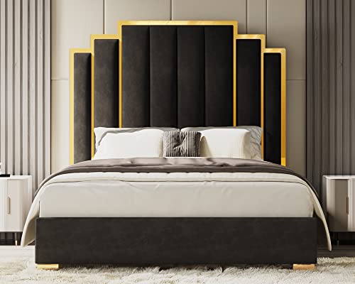 HOWE Queen Size Bed Frame and 61" Headboard, Upholstered Bed with Golden Plating Trim, Modern Platform Bed No Box Spring Needed, Black