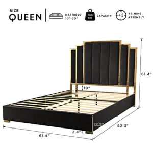 HOWE Queen Size Bed Frame and 61" Headboard, Upholstered Bed with Golden Plating Trim, Modern Platform Bed No Box Spring Needed, Black