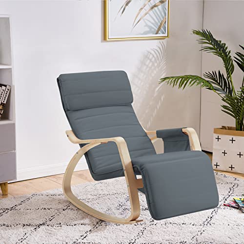 UPHYB Indoor Rocking Chair, Wooden Rocking Chair with Fabric Padded Seat,Wooden Based and Adjustable Footrest, Nursery Rocking Chairs for Living Room, Bedroom,Balcony, Nursery Room (Grayish Green)