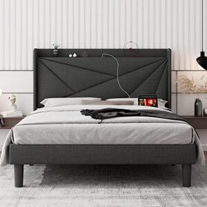 ipormis queen size platform bed frame with type c & usb ports and storage headboard, upholstered geometric bed frame with wingback, wood slats, noise-free, no box spring needed, dark gray