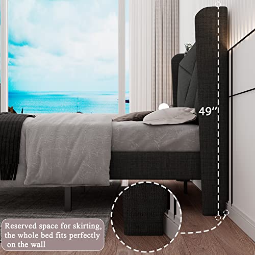 iPormis Queen Size Platform Bed Frame with Type C & USB Ports and Storage Headboard, Upholstered Geometric Bed Frame with Wingback, Wood Slats, Noise-Free, No Box Spring Needed, Dark Gray