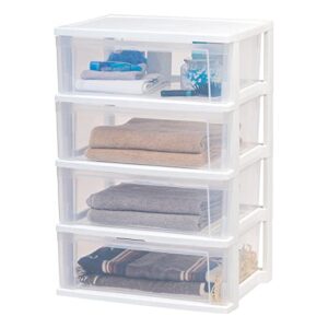 oroxco 4 drawer wide plastic storage tower for adult or teen, white and clear