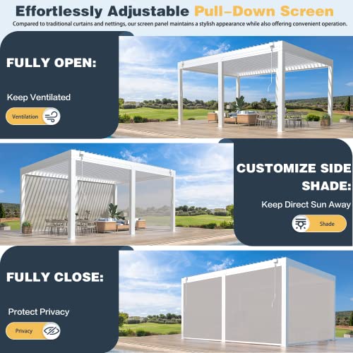MELLCOM 12×16 FT Aluminum Louvered Pergola with 6-Panel Pull-Down Privacy Screen, Hardtop Rainproof Pergola with Adjustable Roof for Patio, Lawn & Garden, White