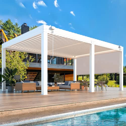 MELLCOM 12×16 FT Aluminum Louvered Pergola with 6-Panel Pull-Down Privacy Screen, Hardtop Rainproof Pergola with Adjustable Roof for Patio, Lawn & Garden, White