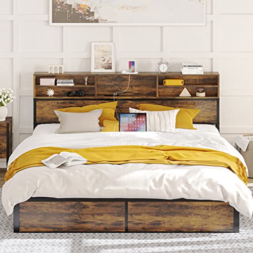 LIKIMIO King Size Bed Frame with Boocase Headboard and Charging Station, Sturdy and No Noise Platform Bed, No Box Spring Needed, Easy Assembly, Vintage Brown