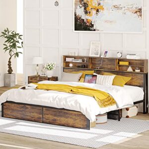 LIKIMIO King Size Bed Frame with Boocase Headboard and Charging Station, Sturdy and No Noise Platform Bed, No Box Spring Needed, Easy Assembly, Vintage Brown
