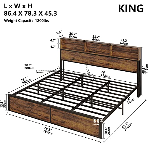 LIKIMIO King Size Bed Frame with Boocase Headboard and Charging Station, Sturdy and No Noise Platform Bed, No Box Spring Needed, Easy Assembly, Vintage Brown