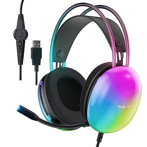 AULA USB Gaming Headset with Mic for PC, RGB Rainbow Backlit Headset, Virtual 7.1 Surround Sound, 50mm Driver, Soft Memory Earmuffs, Wired Laptop Desktop Computer Headset, Black, S505