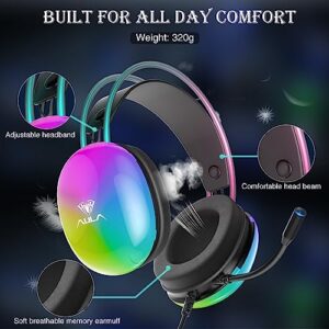 AULA USB Gaming Headset with Mic for PC, RGB Rainbow Backlit Headset, Virtual 7.1 Surround Sound, 50mm Driver, Soft Memory Earmuffs, Wired Laptop Desktop Computer Headset, Black, S505