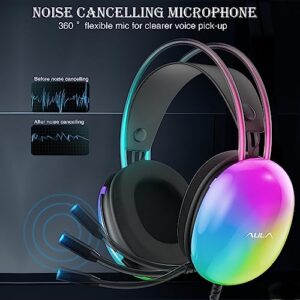 AULA USB Gaming Headset with Mic for PC, RGB Rainbow Backlit Headset, Virtual 7.1 Surround Sound, 50mm Driver, Soft Memory Earmuffs, Wired Laptop Desktop Computer Headset, Black, S505