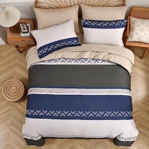 dhsfkbe king size comforter set, 7 piece bed in a bag, blue and white striped patchwork pattern comforter with sheets, soft lightweight microfiber complete bedding set for all season (blue, 104"x90")