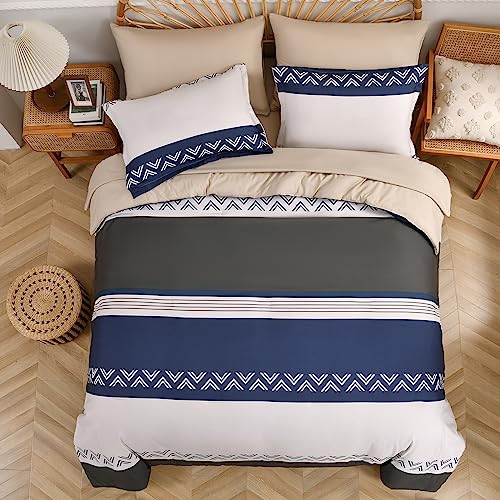 DHSFKBE Stripe Comforter Set Queen Size, 7 Piece Bed in a Bag, Blue and White Striped Patchwork Pattern Comforter with Sheets, Soft Microfiber Complete Bedding Set for All Season (Blue, 90"X90")