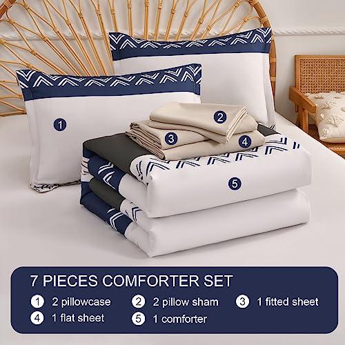 DHSFKBE Stripe Comforter Set Queen Size, 7 Piece Bed in a Bag, Blue and White Striped Patchwork Pattern Comforter with Sheets, Soft Microfiber Complete Bedding Set for All Season (Blue, 90"X90")