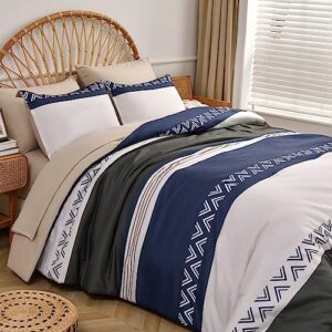 DHSFKBE Stripe Comforter Set Queen Size, 7 Piece Bed in a Bag, Blue and White Striped Patchwork Pattern Comforter with Sheets, Soft Microfiber Complete Bedding Set for All Season (Blue, 90"X90")