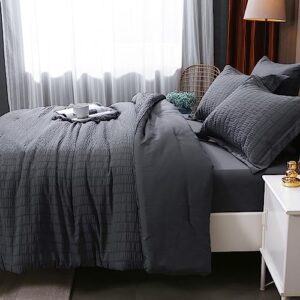 HYMOKEGE Dark Grey Queen Comforter Set Seersucker 3 Pieces, Bedding Comforter Sets for Bedroom, Bed Set with 1 Comforter and 2 Pillow Shams