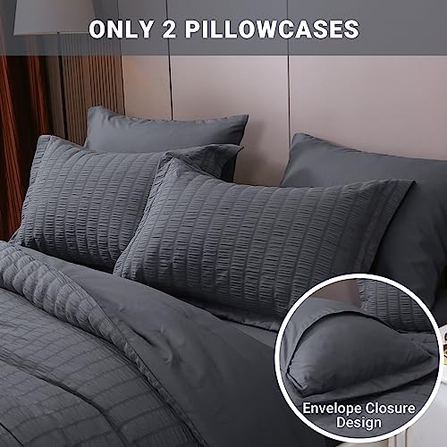 HYMOKEGE Dark Grey Queen Comforter Set Seersucker 3 Pieces, Bedding Comforter Sets for Bedroom, Bed Set with 1 Comforter and 2 Pillow Shams