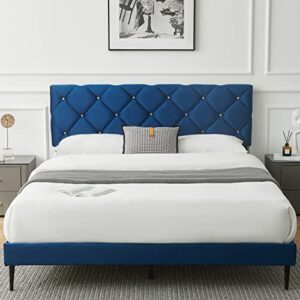 askmore king size bed frame,velvet upholstered platform with headboard and strong wooden slats,non-slip and noise-free,no box spring needed, easy assembly,navy blue