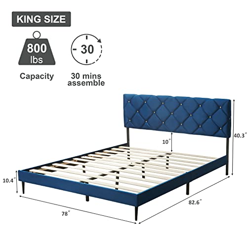 AsKmore King Size Bed Frame,Velvet Upholstered Platform with Headboard and Strong Wooden Slats,Non-Slip and Noise-Free,No Box Spring Needed, Easy Assembly,Navy Blue