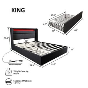 AMERLIFE King Bed Frame with RGBW LED Lights Headboard & 4 Storage Drawers, Upholstered Smart Platform Bed with USB & USB-C Ports, Box Spring Optional, Dark Grey