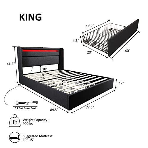 AMERLIFE King Bed Frame with RGBW LED Lights Headboard & 4 Storage Drawers, Upholstered Smart Platform Bed with USB & USB-C Ports, Box Spring Optional, Dark Grey