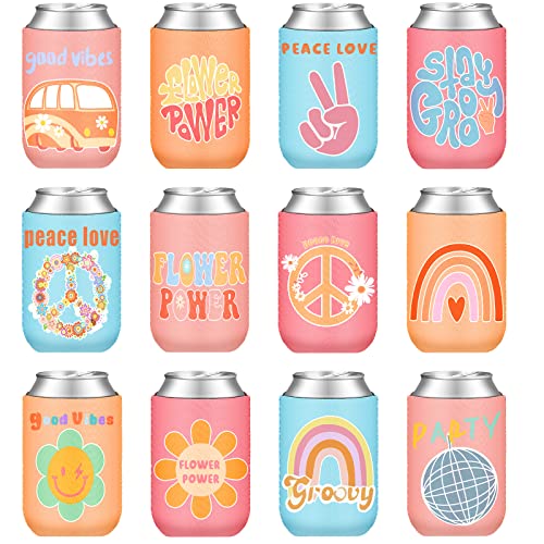 Zhehao 24 Pcs Retro Bachelorette Can Cooler Sleeves Neoprene Can Sleeves Insulated Beverage Sleeves Party Favor for Bridal Shower Groovy Party Decorations Party Supplies, 12 Styles