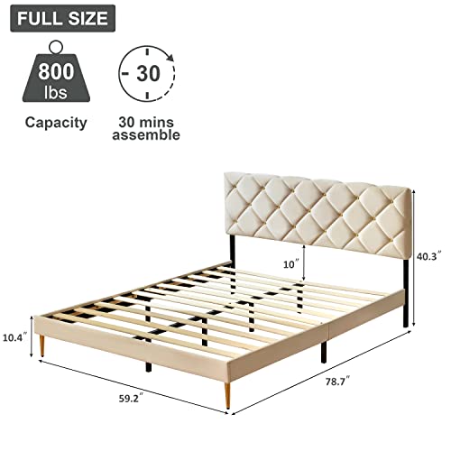 AsKmore Full Size Bed Frame,Velvet Upholstered Platform with Headboard and Strong Wooden Slats,Non-Slip and Noise-Free,No Box Spring Needed, Easy Assembly,Beige