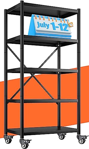 REIBII Storage Shelves for Storage with Wheels 5 Tier Heavy Duty Metal Shelving Unit 1156LBS Adjustable Shelving Units and Storage Rack Kitchen Garage Shelf 65.4" H*31.5" W*15.7" D