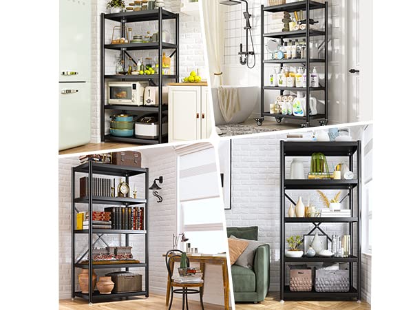 REIBII Storage Shelves for Storage with Wheels 5 Tier Heavy Duty Metal Shelving Unit 1156LBS Adjustable Shelving Units and Storage Rack Kitchen Garage Shelf 65.4" H*31.5" W*15.7" D