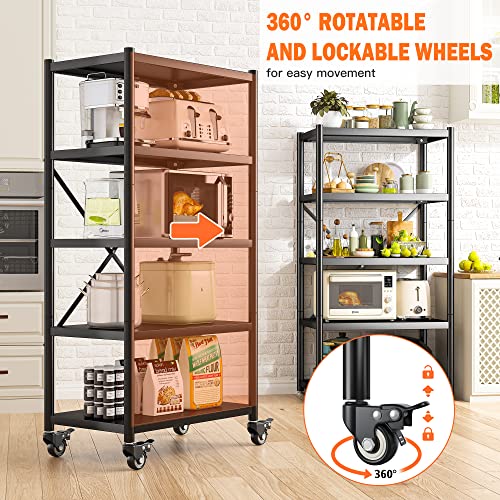 REIBII Storage Shelves for Storage with Wheels 5 Tier Heavy Duty Metal Shelving Unit 1156LBS Adjustable Shelving Units and Storage Rack Kitchen Garage Shelf 65.4" H*31.5" W*15.7" D