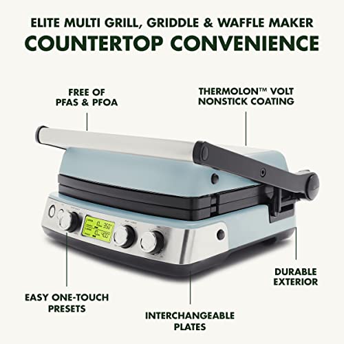 GreenPan Elite 7-in-1 Multi-Function Contact Grill & Griddle, Healthy Ceramic Nonstick Aluminum, Two Sets of Grill & Waffle Plates, Adjustable Shade & Shear, Closed Press/Open Flat Surface, Blue Haze