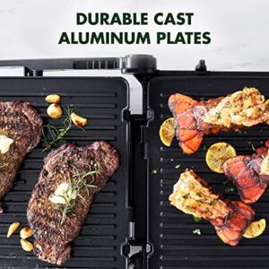 GreenPan Elite 7-in-1 Multi-Function Contact Grill & Griddle, Healthy Ceramic Nonstick Aluminum, Two Sets of Grill & Waffle Plates, Adjustable Shade & Shear, Closed Press/Open Flat Surface, Blue Haze