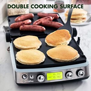GreenPan Elite 7-in-1 Multi-Function Contact Grill & Griddle, Healthy Ceramic Nonstick Aluminum, Two Sets of Grill & Waffle Plates, Adjustable Shade & Shear, Closed Press/Open Flat Surface, Blue Haze