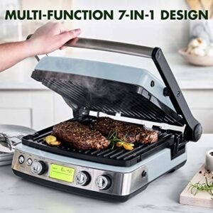 GreenPan Elite 7-in-1 Multi-Function Contact Grill & Griddle, Healthy Ceramic Nonstick Aluminum, Two Sets of Grill & Waffle Plates, Adjustable Shade & Shear, Closed Press/Open Flat Surface, Blue Haze