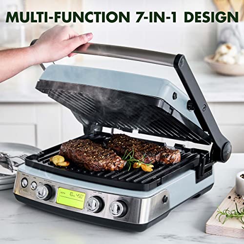 GreenPan Elite 7-in-1 Multi-Function Contact Grill & Griddle, Healthy Ceramic Nonstick Aluminum, Two Sets of Grill & Waffle Plates, Adjustable Shade & Shear, Closed Press/Open Flat Surface, Blue Haze