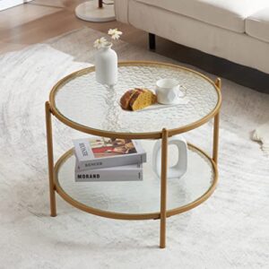 vingli 25.6" small matte gold round coffee table water-wave glass circle clear coffee table, center table with 2-tier modern storage design for living room, bedroom, meeting room, balcony, patio