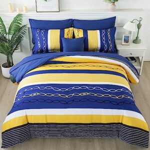 8 pieces bed in a bag stripe comforter set queen size,patchwork striped comforter with sheets set soft microfiber boho bedding sets (yellow blue)