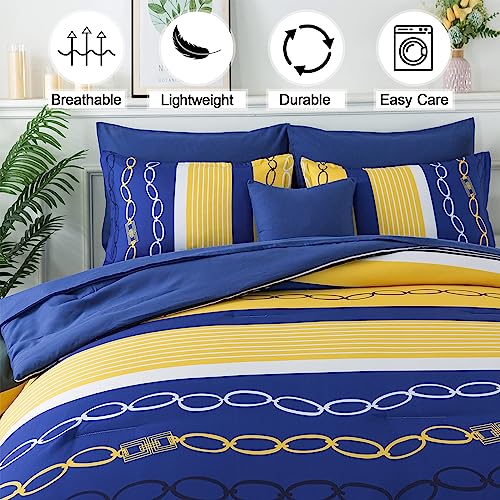 8 Pieces Bed in a Bag Stripe Comforter Set Queen Size,Patchwork Striped Comforter with Sheets Set Soft Microfiber Boho Bedding Sets (Yellow Blue)