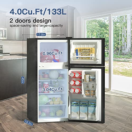 BANGSON Small Fridge with Freezer, 4.0 Cu.Ft, Samll Refrigerator with Freezer, 5 Settings Temperature Adjustable, 2 Doors, Compact Fridge for Apartment Bedroom Dorm and Office, Silver