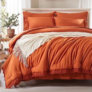 Anluoer Queen Comforter Set, Burnt Orange Boho Bed in a Bag 7 Pieces with Comforter and Sheets, All Season Bedding Sets with 1 Comforter, 2 PillowShams, 2 Pillowcases, 1 Flat Sheet, 1 Fitted Sheet