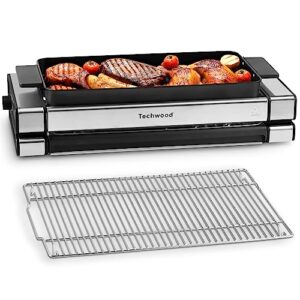 indoor electric grill, techwood 1500w bbq korean grill with 5 gear temperature adjustment & metal drip tray, handle, removable griddle and grill barbecue plate for party cooking, stainless steel, silver
