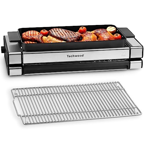 Indoor Electric Grill, Techwood 1500W BBQ Korean Grill with 5 Gear Temperature Adjustment & Metal Drip Tray, Handle, Removable Griddle and Grill Barbecue Plate for Party Cooking, Stainless Steel, Silver