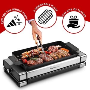 Indoor Electric Grill, Techwood 1500W BBQ Korean Grill with 5 Gear Temperature Adjustment & Metal Drip Tray, Handle, Removable Griddle and Grill Barbecue Plate for Party Cooking, Stainless Steel, Silver