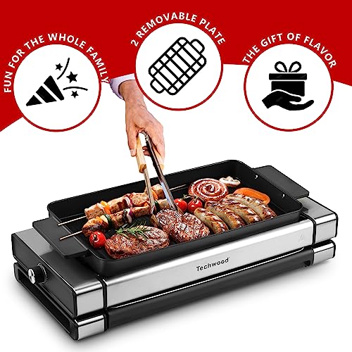 Indoor Electric Grill, Techwood 1500W BBQ Korean Grill with 5 Gear Temperature Adjustment & Metal Drip Tray, Handle, Removable Griddle and Grill Barbecue Plate for Party Cooking, Stainless Steel, Silver