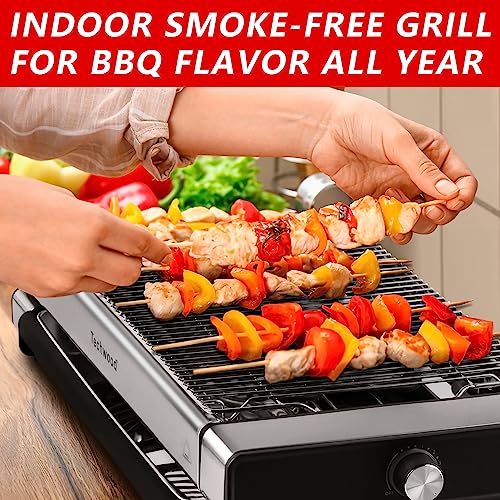 Indoor Electric Grill, Techwood 1500W BBQ Korean Grill with 5 Gear Temperature Adjustment & Metal Drip Tray, Handle, Removable Griddle and Grill Barbecue Plate for Party Cooking, Stainless Steel, Silver