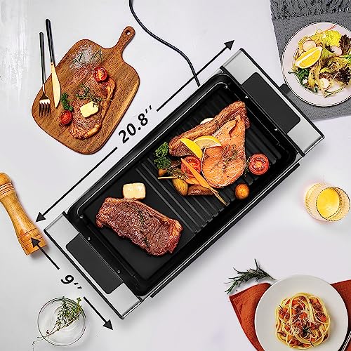 Indoor Electric Grill, Techwood 1500W BBQ Korean Grill with 5 Gear Temperature Adjustment & Metal Drip Tray, Handle, Removable Griddle and Grill Barbecue Plate for Party Cooking, Stainless Steel, Silver