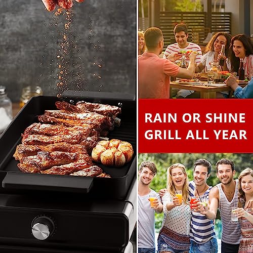 Indoor Electric Grill, Techwood 1500W BBQ Korean Grill with 5 Gear Temperature Adjustment & Metal Drip Tray, Handle, Removable Griddle and Grill Barbecue Plate for Party Cooking, Stainless Steel, Silver