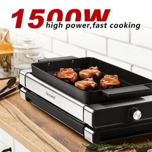 Indoor Electric Grill, Techwood 1500W BBQ Korean Grill with 5 Gear Temperature Adjustment & Metal Drip Tray, Handle, Removable Griddle and Grill Barbecue Plate for Party Cooking, Stainless Steel, Silver