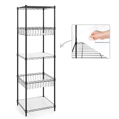 CAPHAUS NSF Adjustable 5 Tier Wire Shelving Unit w/Basket & Liner, Metal Storage Rack Corner Shelves, Storage Rack for Kitchen, Bathroom, Laundry Closet, Metal Wire Shelving w/Basket Shelves Black