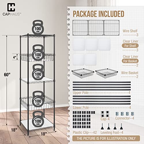 CAPHAUS NSF Adjustable 5 Tier Wire Shelving Unit w/Basket & Liner, Metal Storage Rack Corner Shelves, Storage Rack for Kitchen, Bathroom, Laundry Closet, Metal Wire Shelving w/Basket Shelves Black